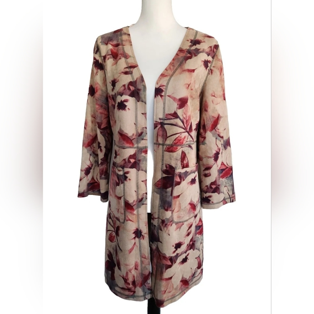 Solitaire Anthropologie Faux Suede Long Jacket Duster Boho Cardigan Floral Sz S